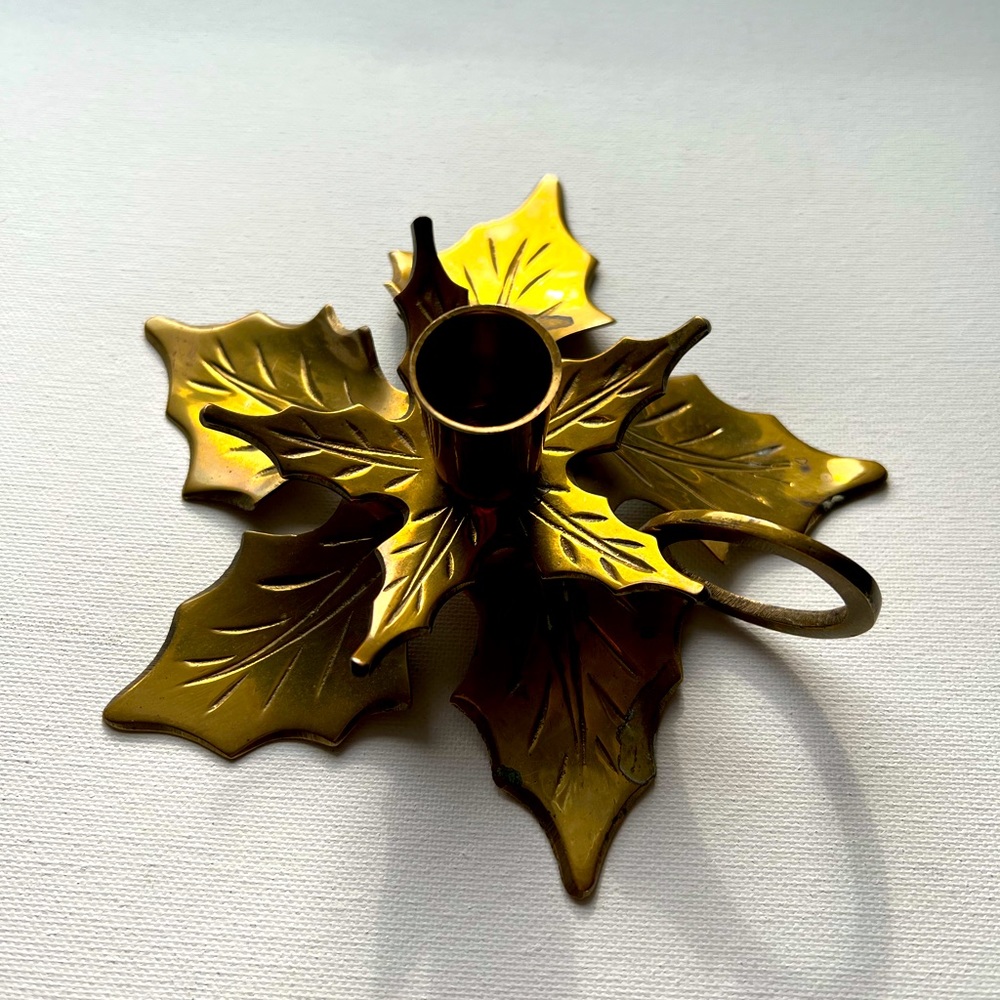 BOGO 1/2 OFF Vintage Solid Brass Holly Candle Stick Holder original patina